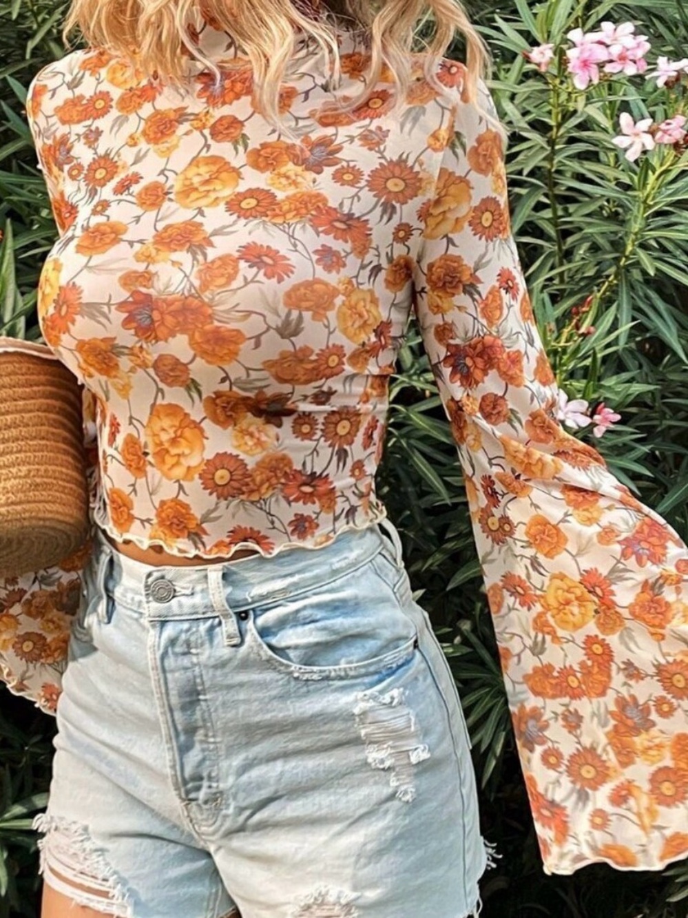 Floral Long Bell-Sleeve Top in Orange with Lettuce Trim